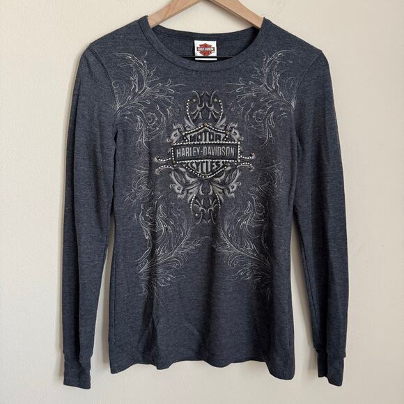 Vintage Harley Davidson Women Gray Waffle Longsleeve Studded Top Size Medium Y2K - Picture 1 of 12